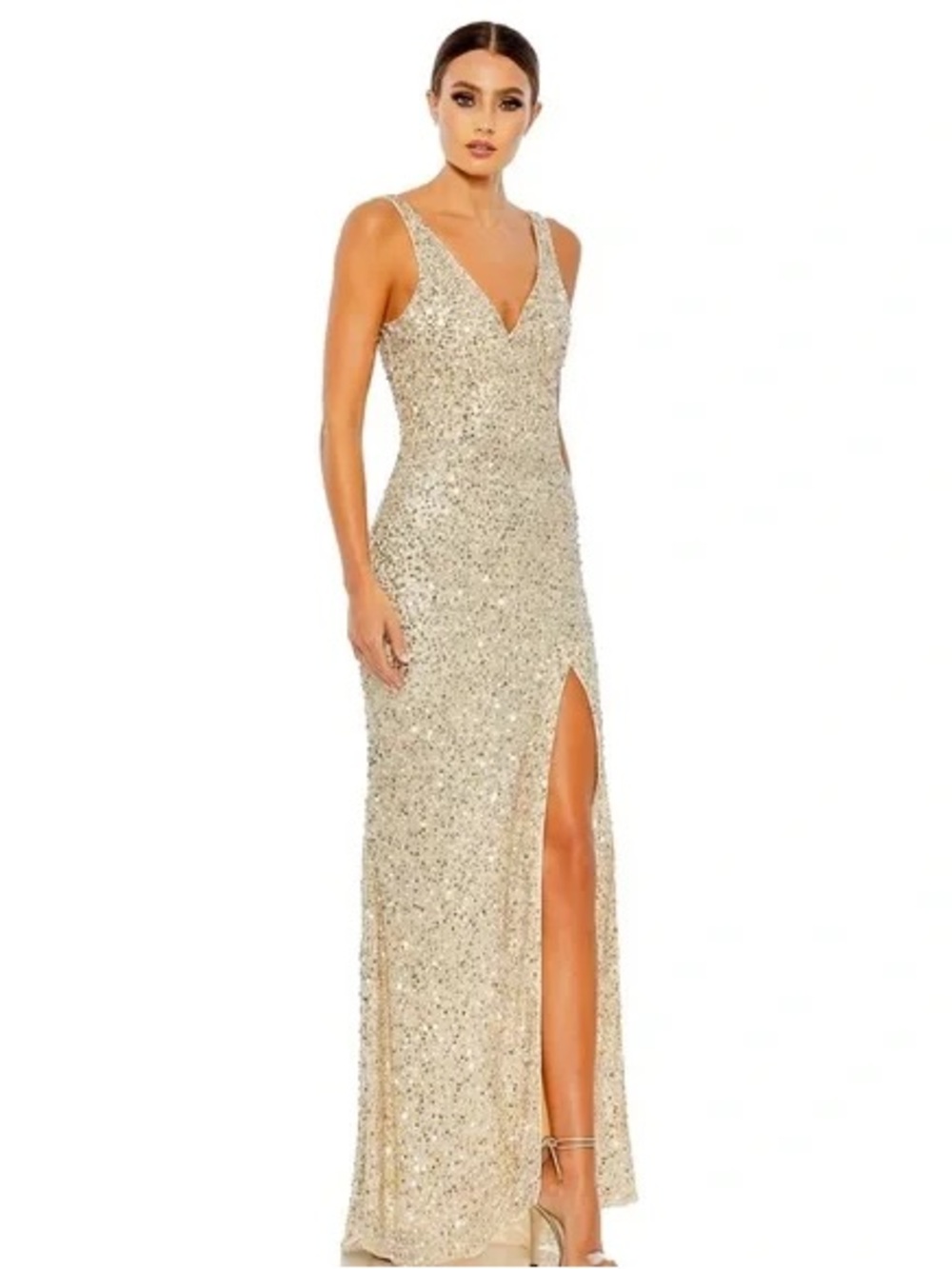 NWT $398 IEENA Mac Duggal (4) V-neck Sequin Wrap Waist Gown in Nude